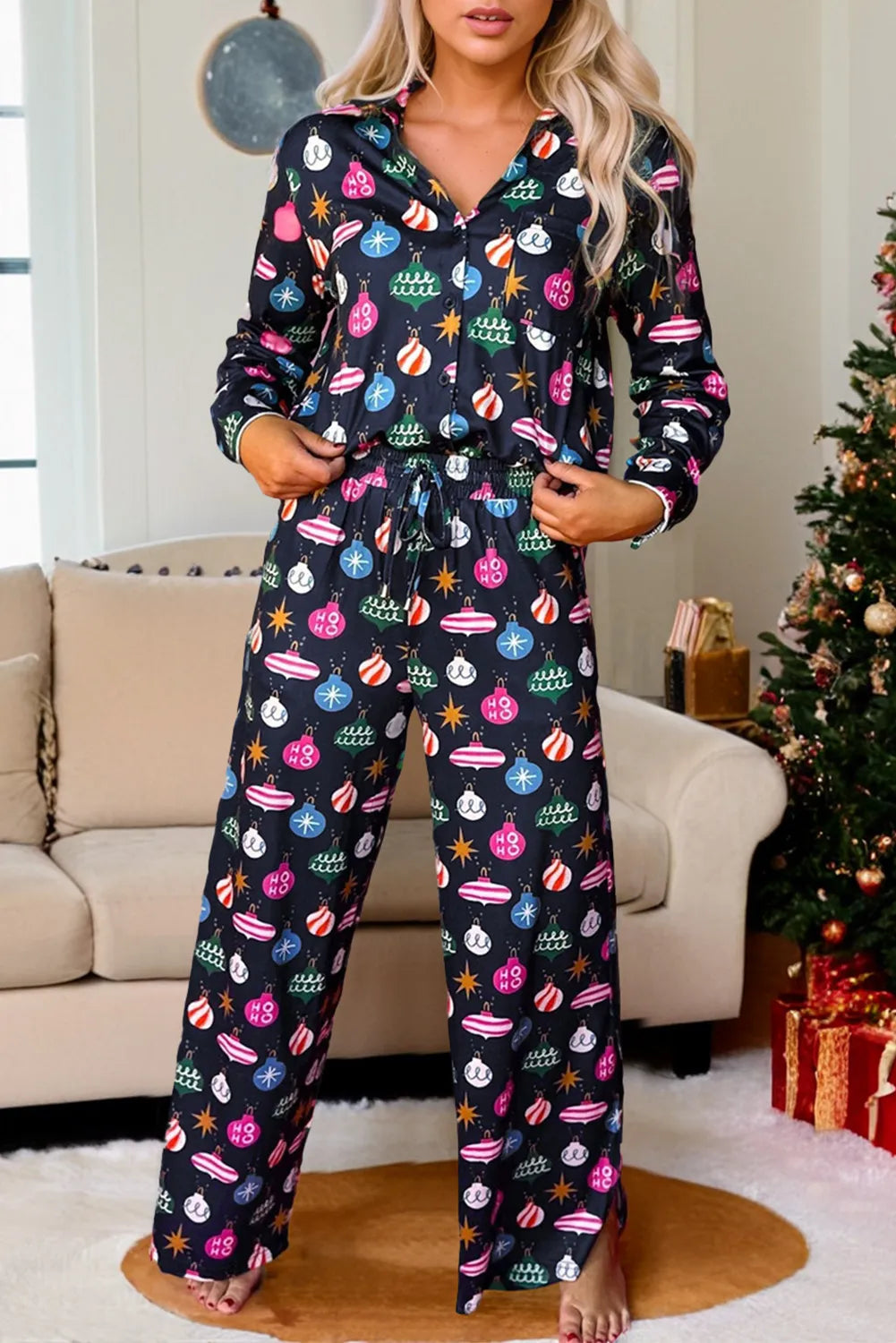 Navy Blue Christmas Lights Pajama Set