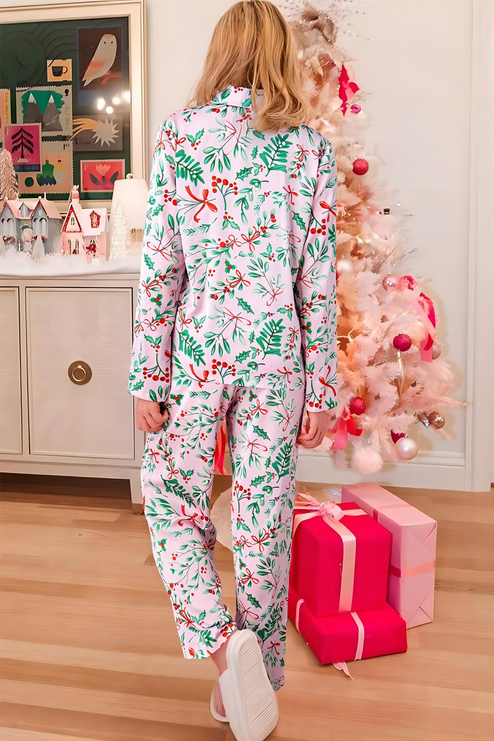 Pink Christmas Berries Satin Pajamas Set